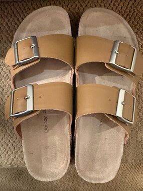 Quince Nappa Leather Women's Double-Buckle Slide Sandals in Tan